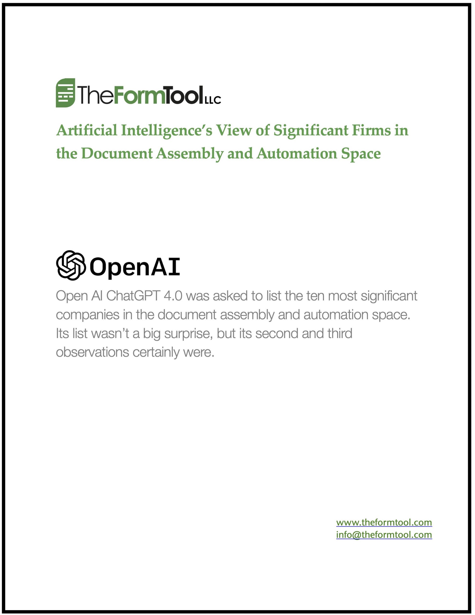 Download Artifical Intelligence's View of Significant Firms in the Document Assembly and Automation Space.