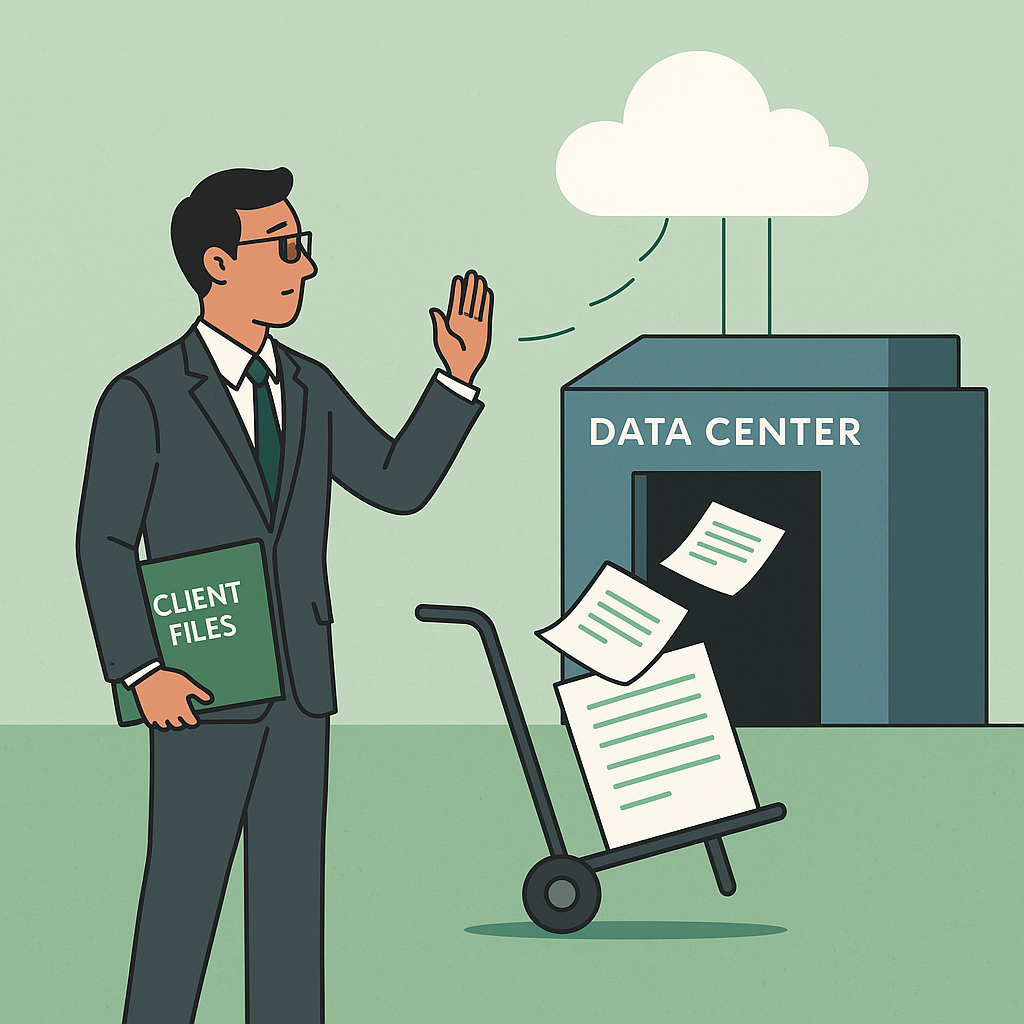 Lawyer waving goodbye to client files going into the cloud